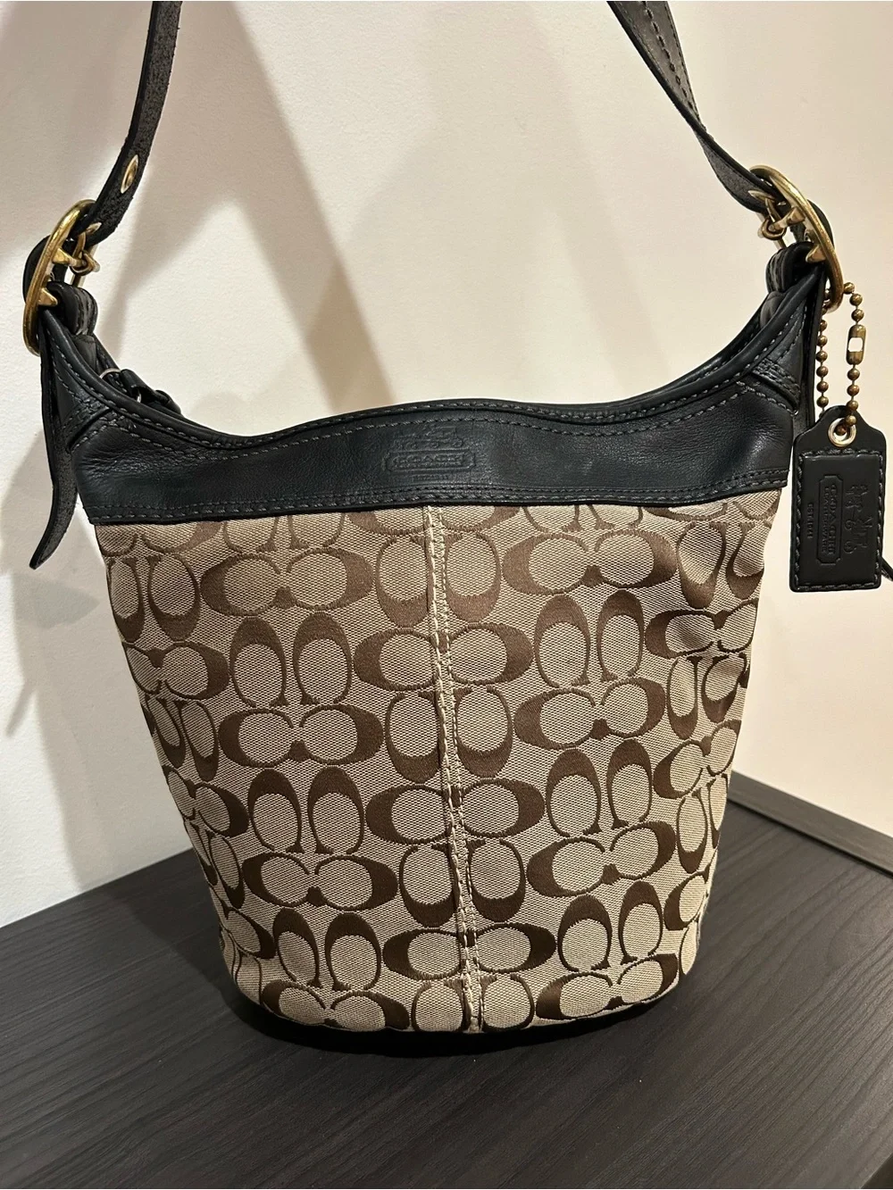 Coach Bleecker Brown Canvas Black Leather Trim Bucket Style#11437 EUC